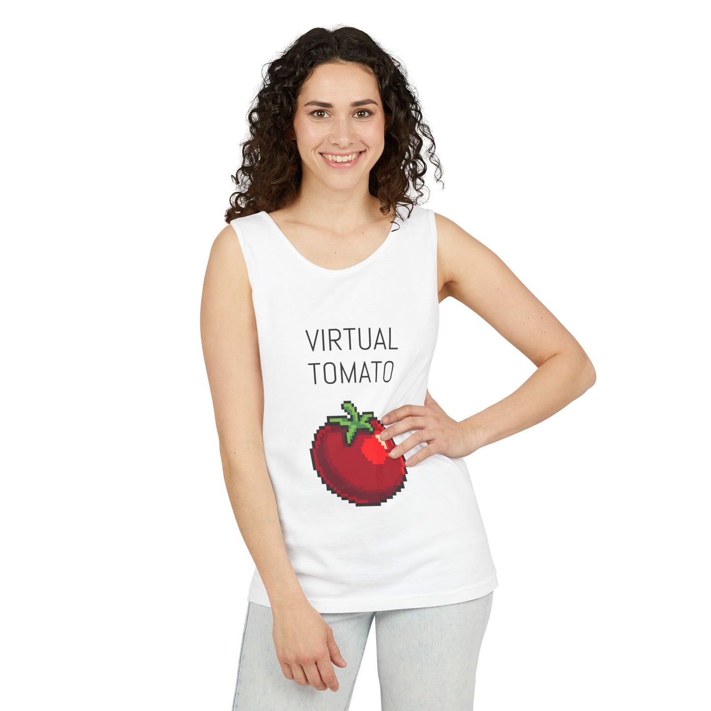 Virtual Tomato Recipe Themed Tank Top | Pixel Art | Unisex Retro Graphic Tee for Tech Lovers, Summer Fashion, Gift for Nerds, Festival Wear, 80s Style