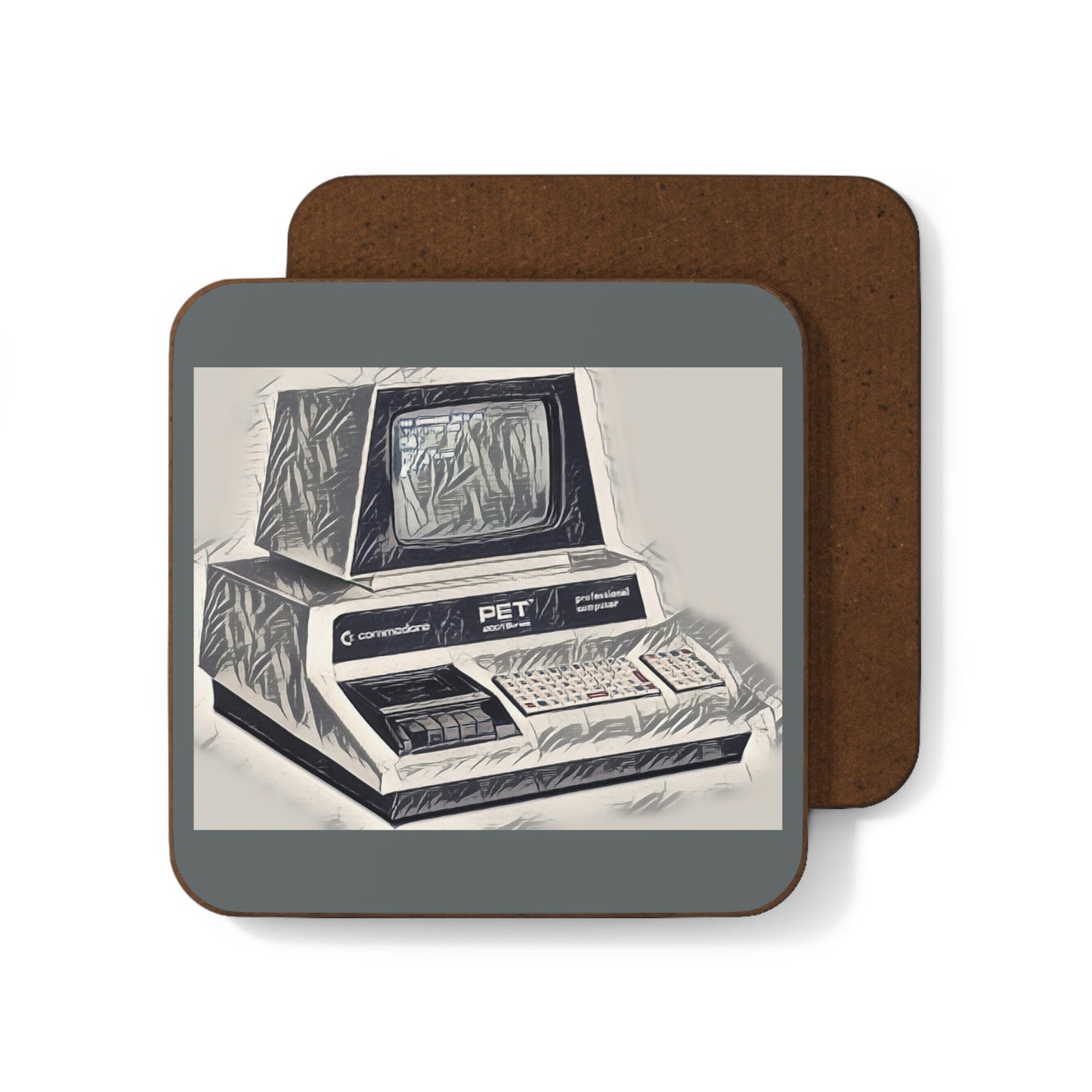 Vintage Commodore PET Hardboard Coaster in Ink Art Monochrome for Tech Enthusiast & Creatives